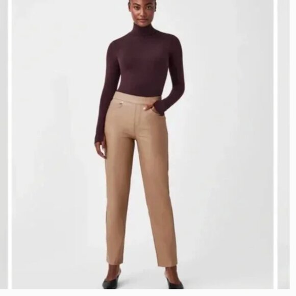 NWT Spanx Regular Pants Leather Like Slim Straight in toffee faux leather - Picture 1 of 8